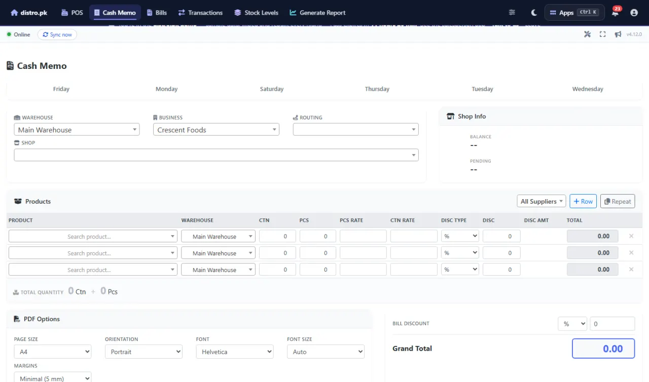 The cash memo screen: warehouse, company and shop selectors, product rows with carton and piece quantities, rates, discounts and a running grand total.