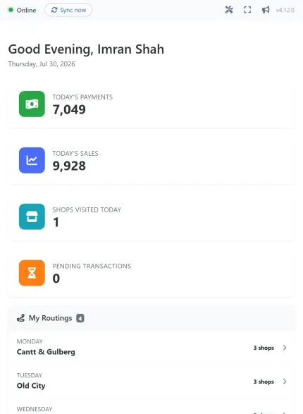 The salesperson dashboard on a phone: today's payments and sales, shops visited, and the routes assigned for each day.