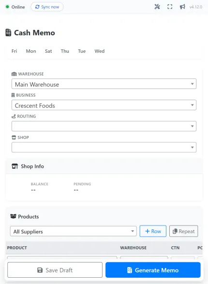 Writing a cash memo on a phone: warehouse, company, route and shop selectors with the product rows underneath.