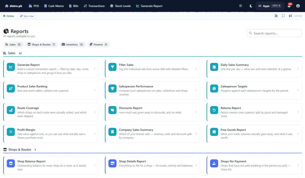 The reports index: 41 reports grouped into Sales, Shops and Routes, Inventory and Finance, each with a one-line description of what it answers.